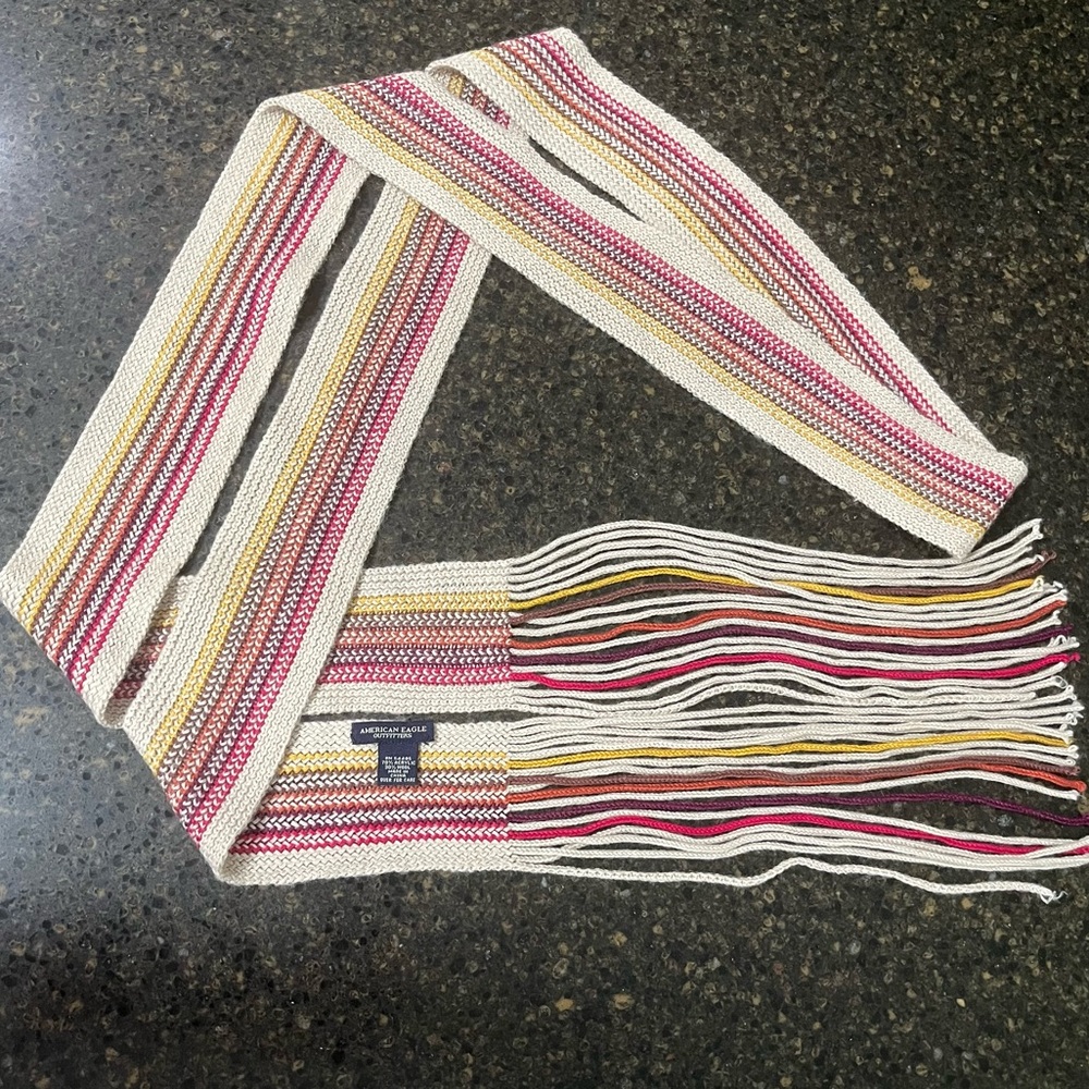 American Eagle Cream Tan Crochet Knit Fringe Belt Scarf Women's Accent Accessory